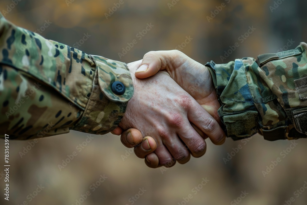 Handshake between two soldiers from different sides, clear background, symbol of peace talks in conflicts - obrazy, fototapety, plakaty 