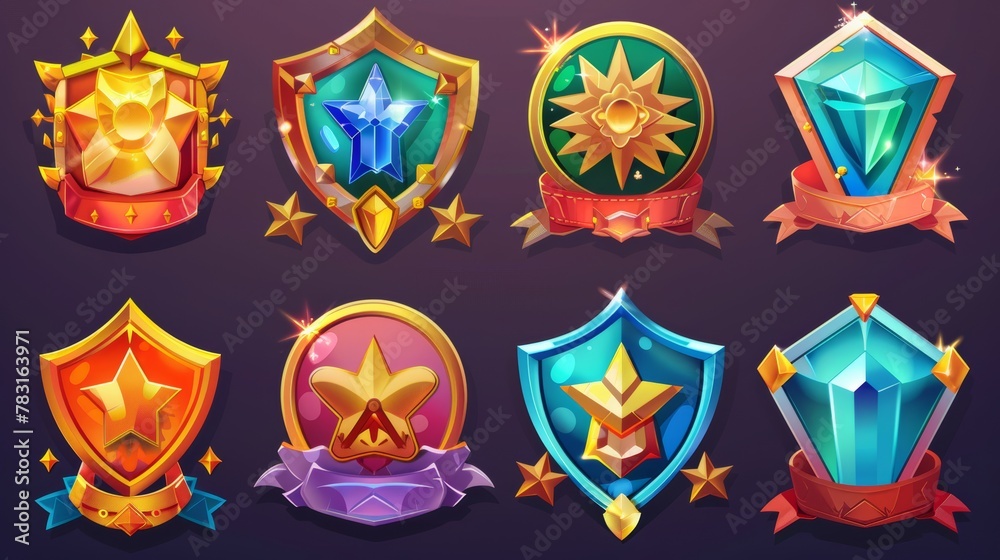 Rank badges for games isolated on a black background. Modern cartoon illustration of insignia emblems of different levels with stars, ribbons, and golden, silver and bronze medals. Rank badges for games isolated on a black background. Modern cartoon illustration of insignia emblems of different levels with stars, ribbons, and golden, silver and bronze medals.