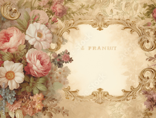 Ornate Floral Frame, Baroque Style Flowers, Classic Rococo Background with Copy Space
