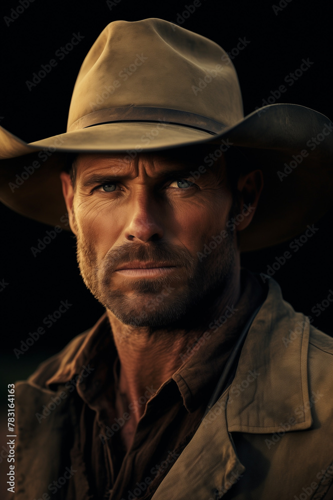 Handsome cowboy with beard and hat looking at camera Handsome cowboy with beard and hat looking at camera