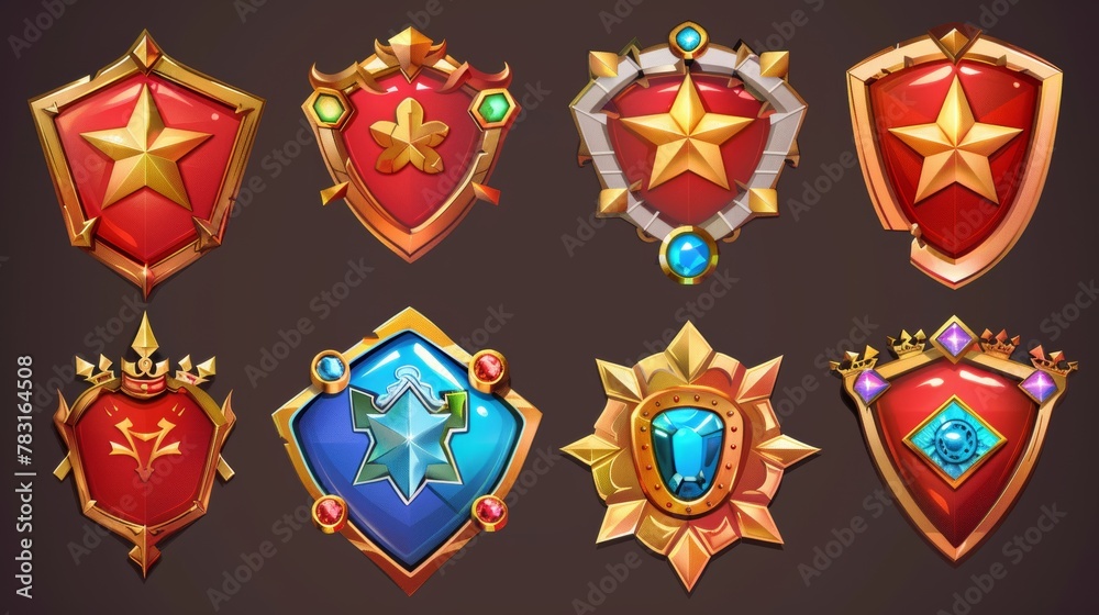 UI design for game level rank progress badge with star, golden frame and gemstones. Cartoon set of evolution stages of medals. UI design for game level rank progress badge with star, golden frame and gemstones. Cartoon set of evolution stages of medals.
