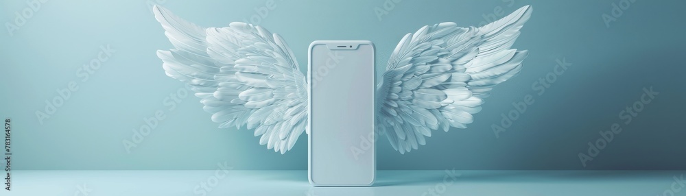 Fototapeta premium Smartphone with angel wings, minimalist background, the elevation of communication tech