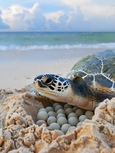Turtle laying eggs on the beautiful beach.
