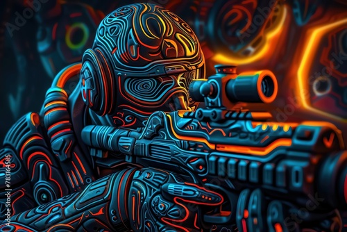 The future soldier stood ready  his rifle emitting a low hum  its barrel a conduit for laser precision  closeup