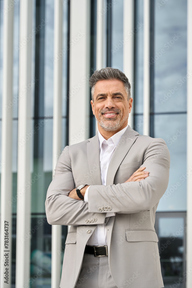 Vertical portrait of smiling confident middle aged professional entrepreneur business man ceo executive leader, elegant mature businessman manager company owner wearing suit standing outdoors. Vertical portrait of smiling confident middle aged professional entrepreneur business man ceo executive leader, elegant mature businessman manager company owner wearing suit standing outdoors.