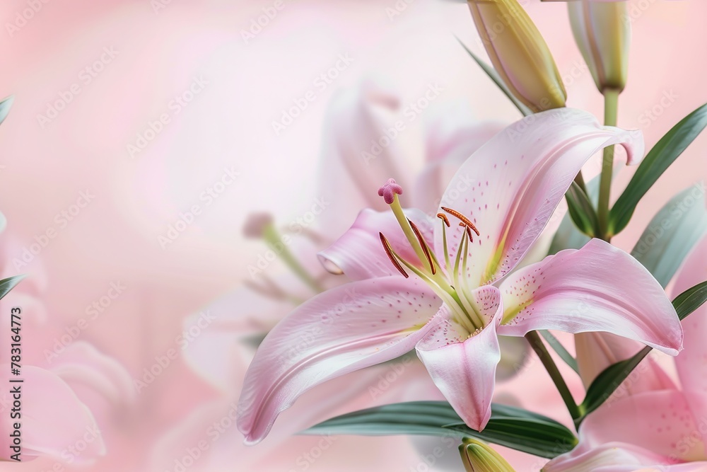 Fototapeta premium Beautiful blooming lily flower minimalist fantasy background, A bouquet of lilies in a vase in daylight, fresh light pink yellow white color lily flower poster nature background,