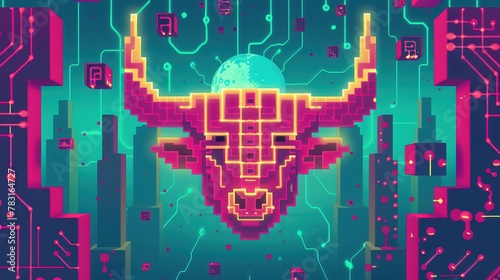 The minotaur roamed the labyrinth of circuits, his horns glowing with the light of countless pixels, closeup photo