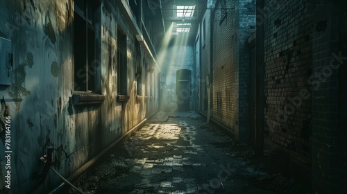Old long industrial dark grunge alley © nikola-master