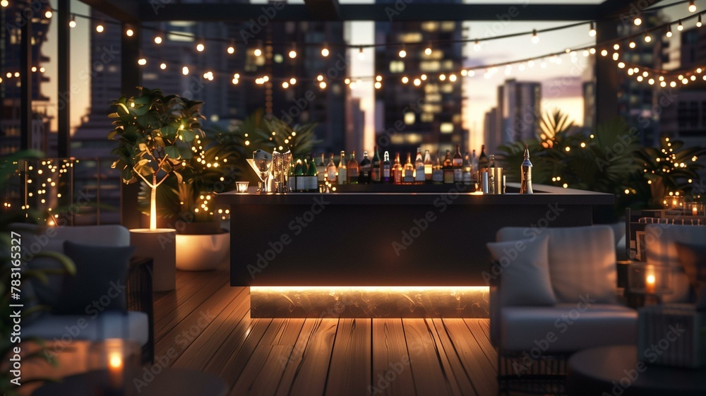 A chic rooftop terrace transformed into a stylish birthday soiree, with chic lounge furniture arranged around a sleek bar.

