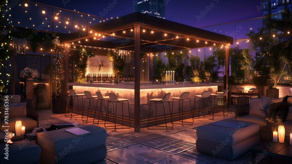 A chic rooftop terrace transformed into a stylish birthday soiree, with chic lounge furniture arranged around a sleek bar.


