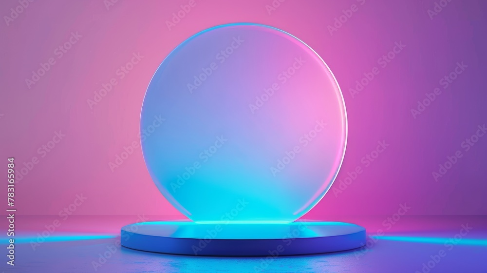 Display podium with 3D hologram background. Abstract holographic stage in room with circle stand for showcase presentation. Cosmetic mockup with neon pedestal backdrop. Display podium with 3D hologram background. Abstract holographic stage in room with circle stand for showcase presentation. Cosmetic mockup with neon pedestal backdrop.