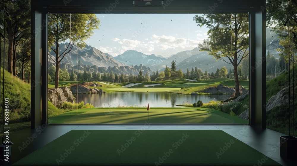 View of golf course simulator with mountains in background from building