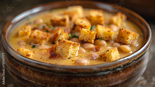 Close-up of an ecological material bowl of fragrant bean soup with golden brown and crispy croutons. Simple, healthy food
