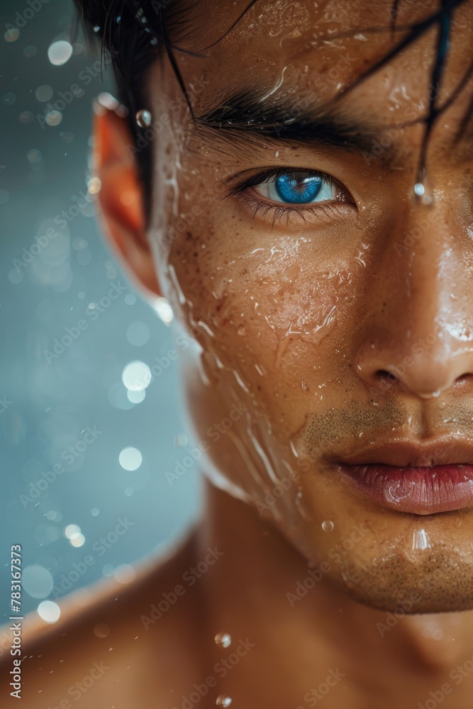 Close up of a mans face with water drops on his forehead, nose, and black hair