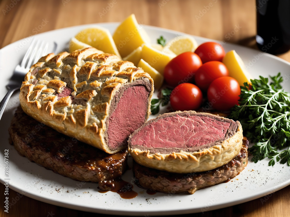 A plate of food with a roast beef wellington, roasted vegetables, and a side salad.