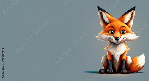 drawn red fox sitting. card with a cute sitting little fox on a gray background