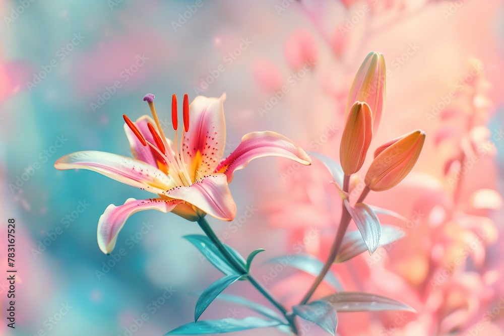 Fototapeta premium Beautiful blooming lily flower minimalist fantasy background, A bouquet of lilies in a vase in daylight, fresh light pink yellow white color lily flower poster nature background,