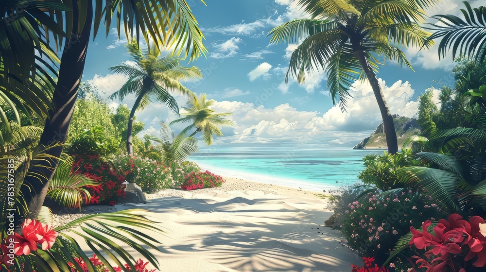 Artistic rendering of a tropical beach with palm trees and flowers