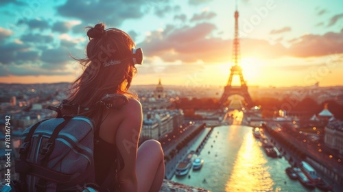 backpacker woman with the eiffel tower in daytime background