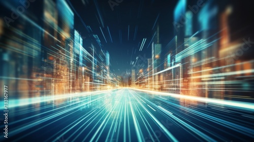 Digital Dawn: The Pulse of Urban Data Flow and High-Speed Tech Evolution in a Smart Cityscape. Blue and Orange Background Photo