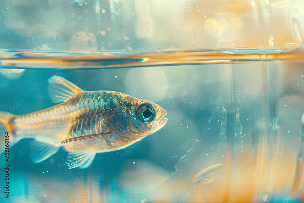 Fototapeta premium environment,Close-up of a little fish swimming in a clear plastic bottle