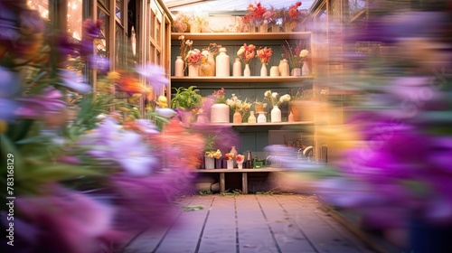 flowers blurred garden shed interior