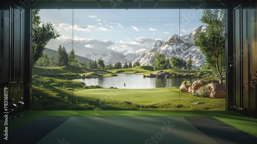 View of golf course simulator with mountains in background from building photo