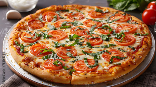 A hand is reaching for a slice of pizza with tomatoes and basil on top