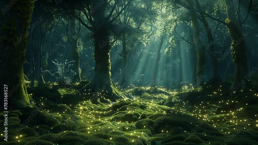 A serene forest glade illuminated by the soft glow of bioluminescent plants, casting an ethereal light on the moss-covered ground and towering ancient trees.


