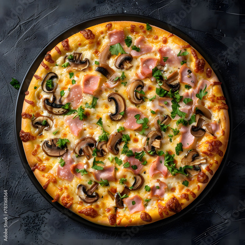 A pizza with mushrooms and ham on it sits on a black plate