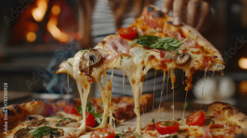 A slice of pizza with cheese and toppings is being pulled out of a pizza oven