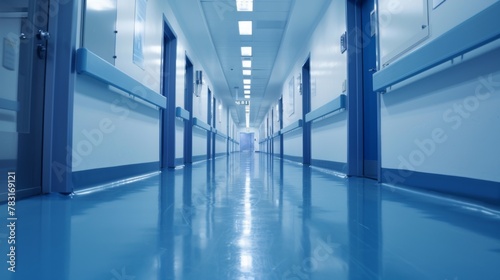 Long Hallway With Blue Doors Leading to Another Room