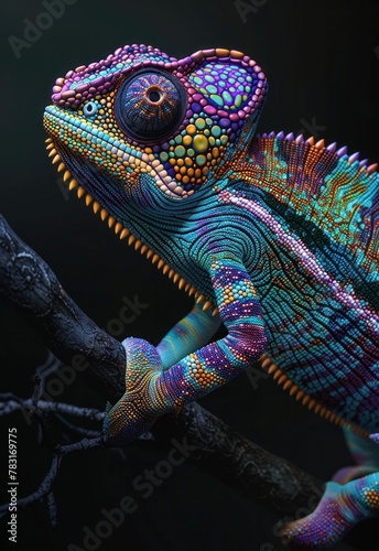 Colorful chameleon blending into dark background while sitting on branch in isolated room with black backdrop