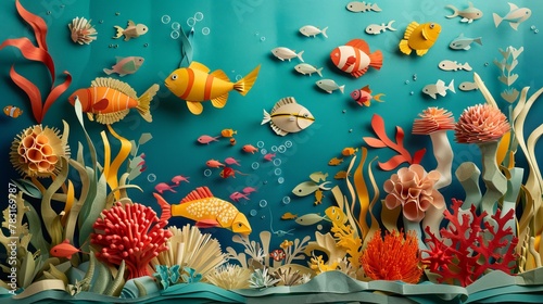 Creative paper sculpture of a whimsical underwater scene with fish, coral, and sea creatures
