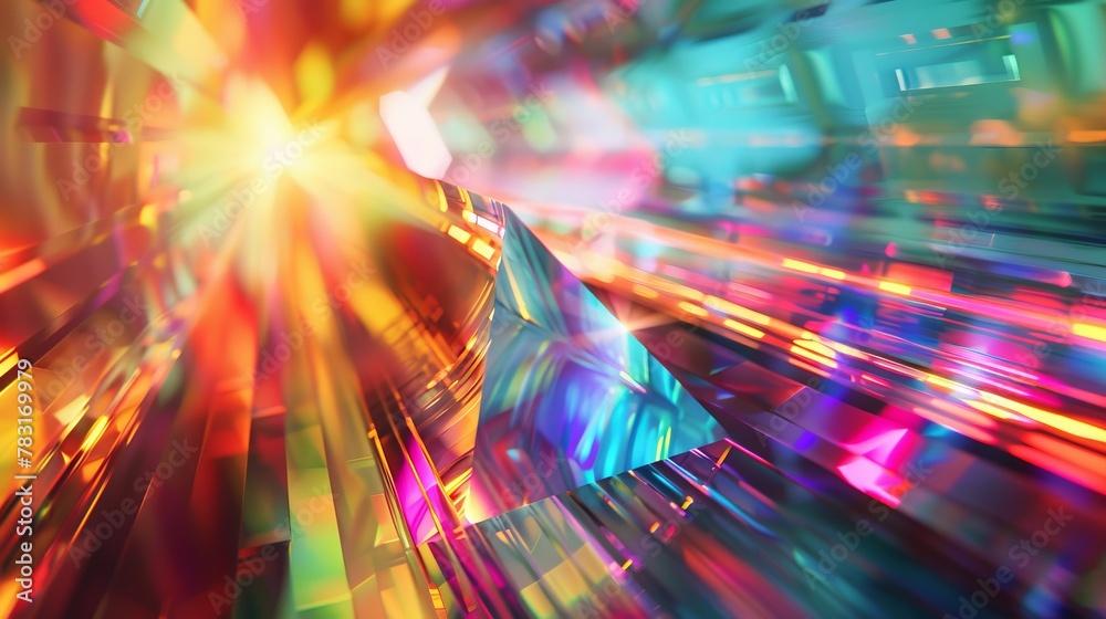 Digital artwork featuring a holographic prism refracting light rays Digital artwork featuring a holographic prism refracting light rays