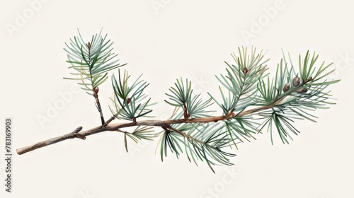Detailed botanical illustration of a pine branch
