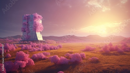 A futuristic building with pink flowers growing on it. The sky is a mix of pink and orange, and the sun is setting. Scene is peaceful and serene, with the flowers