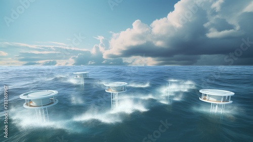 A group of floating buildings are seen in the ocean. The sky is cloudy and the water is choppy