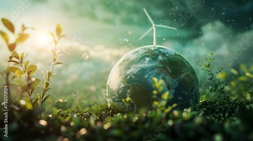 Digital rendering of a green earth with renewable energy sources as engines of progress, driving innovation and growth