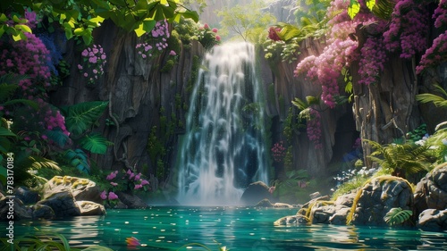 A majestic waterfall cascading down a sheer cliff face into a crystal-clear pool below, surrounded by lush foliage and vibrant flowers in full bloom.    © Fatima