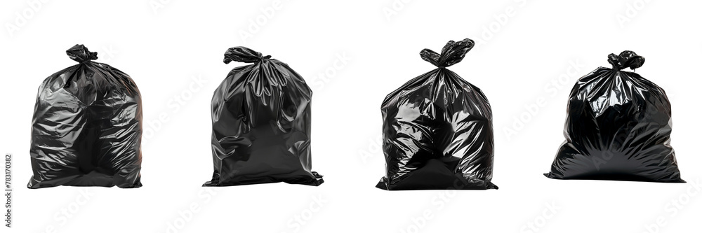 Set of black garbage bag on transparent background, png