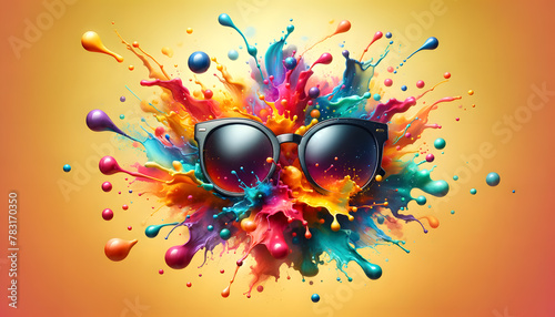 Colorful Splash Explosion Around Stylish Sunglasses with Suspended Droplets