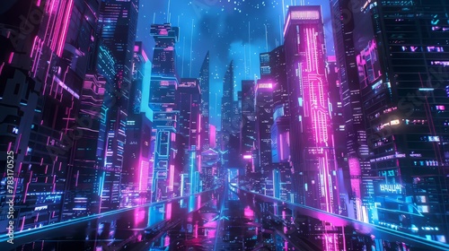 Electric 3D glow pulsating with energy in a cyberpunk cityscape