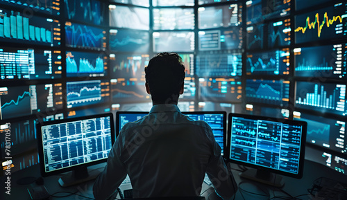 Businessman looking at monitors with stock market data on the screen.Businessman Surrounded by Screens Displaying Stock Market Graphs