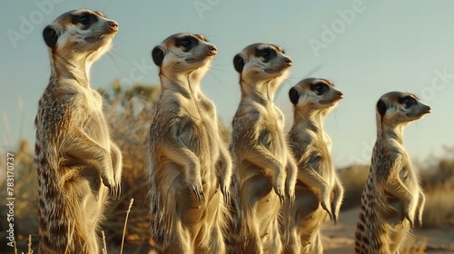 group of watchful meerkats standing; alert suricata on guard