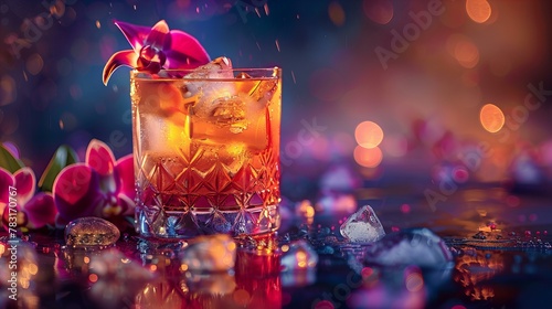 sophisticated cocktail served in a crystal glass, the vibrant hues of the drink contrasting beautifully with the ice cubes and decorative garnishes photo