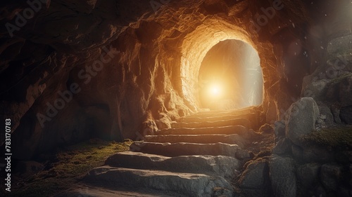 Empty tomb with radiant light symbolizing resurrection and hope, capturing a transcendent moment of spiritual awakening