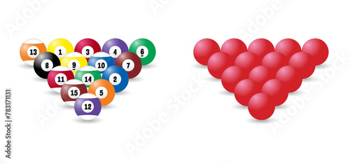 Billiard balls for billiard triangle. Billiard table or snooker table with cues and balls rack. Pyramid of billiard balls for pool table with cue and ball. Sport game tools. Balls racks.