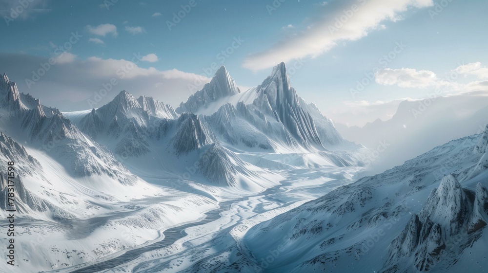 A breathtaking mountain vista blanketed in a blanket of snow, with jagged peaks piercing the azure sky and a frozen river winding its way through the rugged terrain below. 

