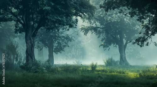 forest with tall trees whose leaves and branches are shrouded in fog